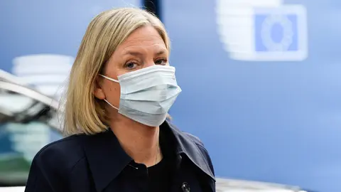 FILED - 17 February 2022, Belgium, Brussels: Magdalena Andersson, Prime Minister of Sweden, arrives for an informal meeting of the members of the European Council to discuss the situation on the Ukraine-Russia borders. Photo: -/European Council/dpa - ATTENTION: editorial use only and only if the credit mentioned above is referenced in full.