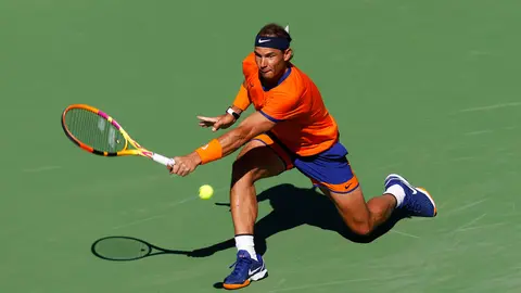 17 March 2022, US, Indian Wells: Spanish tennis player Rafael Nadal in action against Australia's Nick Kyrgios during their Men's Singles Quarter-final Tennis match of the Indian Wells Masters tennis tournament at Indian Wells Tennis Garden. Photo: Charles Baus/CSM via ZUMA Press Wire/dpa.