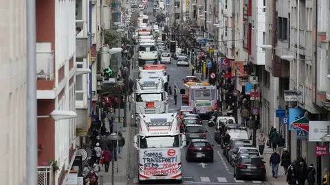 22 March 2022, Spain, Lugo: truck drivers protest with their vehicles as the transport sector entered its 9th day of an indefinite strike, called nationwide by the Platform for the Defence of the National and International Road Freight Transport Sector, to protest the unacceptable working conditions and fuel price surge. Photo: Carlos Castro/EUROPA PRESS/dpa.