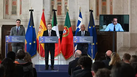 18/03/2022. Spanish Prime Minister Pedro Sánchez, during his meeting with the Prime Minister of Italy, Mario Draghi, the Prime Minister of Portugal, António Costa, and the Prime Minister of Greece, Kyriakos Mitsotakis. Photo: La Moncloa.