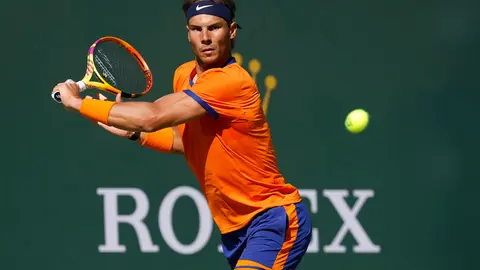 20 March 2022, US, Indian Wells: Spanish tennis player Rafael Nadal in action against USA's Taylor Fritz during their Men's Singles Final Tennis match of the Indian Wells Masters tennis tournament at Indian Wells Tennis Garden. Photo: Charles Baus/CSM via ZUMA Press Wire/dpa.