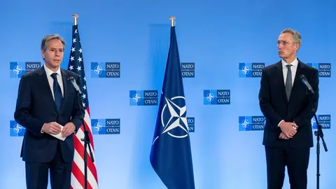 FILED - 14 April 2021, Belgium, Brussels: NATO Secretary General Jens Stoltenberg (R) and US Secretary of State Antony Blinken speak during a press conference after their meeting at the NATO headquarters. Blinken spoke with Stoltenberg to discuss ongoing efforts to fortify NATO's eastern flank and preparations for Thursday's extraordinary NATO summit. Photo: -/NATO/dpa - ATTENTION: editorial use only and only if the credit mentioned above is referenced in full.
