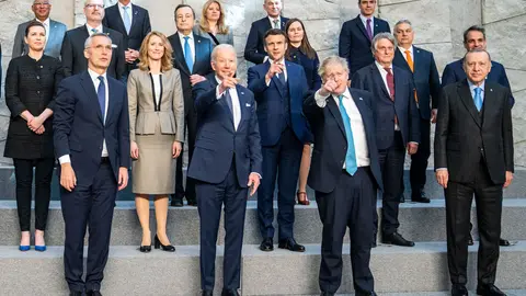 24 March 2022, Belgium, Brussels: NATO heads of state and government pose for a family photo at the NATO headquarters before the start of a special meeting of NATO Leaders to discuss Russia's invasion of Ukraine. Photo: Michael Kappeler/dpa.