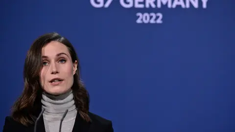16 March 2022, Berlin: Finnish Prime Minister Sanna Marin holds a joint press conference with German Chancellor Olaf Scholz at the Chancellor's Office. Photo: John Macdougall/AFP-Pool/dpa.