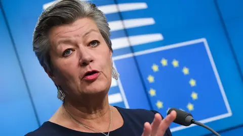 HANDOUT - 28 March 2022, Belgium, Brussels: European Commissioner for Home Affairs Ylva Johansson holds a press conference after the European Extraordinary Justice and Home Affairs Council meeting on the situation of Ukrainian refugees, at the EU headquarters in Brussels. Photo: Alexandros Michailidis/EU Council/dpa - ATTENTION: editorial use only and only if the credit mentioned above is referenced in full.