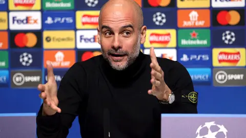 04 April 2022, United Kingdom, Manchester: Manchester City's manager Pep Guardiola speaks during a press conference at the City Football Academy ahead of Tuesday's UEFA Champions League quarter-final first leg soccer match against Atletico Madrid. Photo: Nigel French/PA Wire/dpa.