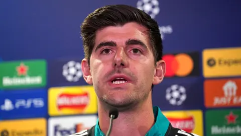 05 April 2022, United Kingdom, London: Real Madrid goalkeeper Thibaut Courtois speaks during a press conference at Stamford Bridge, ahead of Wednesday's UEFA Champions League quarter-final first leg soccer match against Chelsea. Photo: Jonathan Brady/PA Wire/dpa.