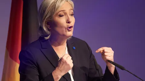 FILED - 21 January 2017, Rhineland-Palatinate, Koblenz: Chairwoman of the French National Rally Marie Le Pen speaks during the congress of the right-wing populist ENF group in the European Parliament. Photo: picture alliance / Thomas Frey/dpa.