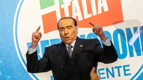 09 April 2022, Italy, Rome: Former Italian Prime Minister and leader of the Forza Italia party Silvio Berlusconi speaks during "Italy of the future" rally at Hotel Parco dei Principi. Photo: Mauro Scrobogna/LaPresse via ZUMA Press/dpa.