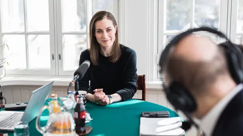 Finnish Prime Minister Sanna Marin during an interview with political journalists on Sunday. Photo: Laura Kotila/Vnk.