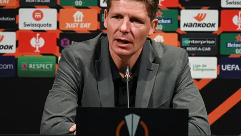 13 April 2022, Hessen, Frankfurt_Main: Eintracht Frankfurt head coach Oliver Glasner speraks at the team's press conference ahead of Thursday's UEFA Europa League quarter final first leg soccer match against Barcelona. Photo: Arne Dedert/dpa.