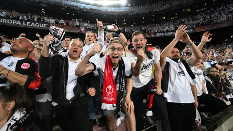 German players and fans celebrated victory after the Europa League quarter-final, match between FC Barcelona and Eintracht Frankfurt at Camp Nou Stadium. Photo: Arne Dedert/dpa.