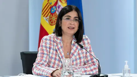 19/04/2022. Minister of Health Carolina Darias speaks at the press conference held after the meeting of the Council of Ministers to announce the end of the mandatory mask use. Photo: La Moncloa.