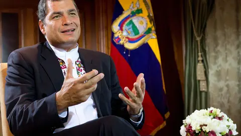 FILED - 17 April 2013, Berlin: Then President of Ecuador Rafael Correa speaks during an interview. Former Ecuadorian President Correa has been granted political asylum in Belgium, according to a statement released on Saturday by his lawyer. Photo: picture alliance / dpa.