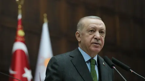 FILED - 09 March 2022, Turkey, Ankara: Recep Tayyip Erdogan, Turkish President and chairman of the Justice and Development (AK) Party, speaks during an AK Party parliamentary group meeting at the Grand National Assembly. Photo: Mustafa Kamaci/Turkish Presidency /dpa - ATTENTION: editorial use only and only if the credit mentioned above is referenced in full.