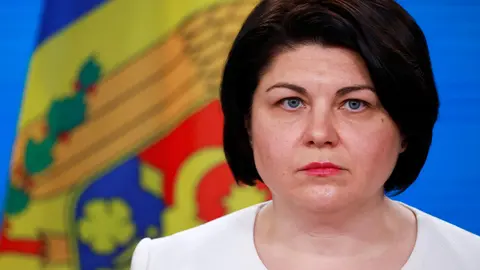 05 April 2022, Berlin: Moldovan Prime Minister Natalia Gavrilita speaks during a press conference after the conference in support of Moldova, which had the largest influx of refugees per capita since the war against Ukraine began. Photo: Hannibal Hanschke/Reuters Pool/dpa.