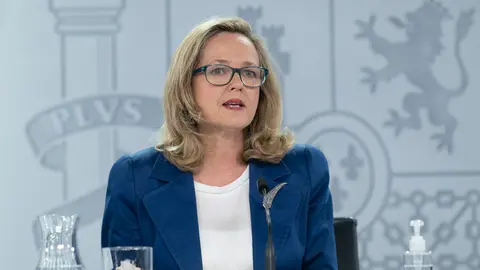29/03/2022. The First Vice President and Minister of Economic Affairs and Digital Transformation, Nadia Calviño, appears before the media, at the press conference after the Council of Ministers. Photo: La Moncloa.