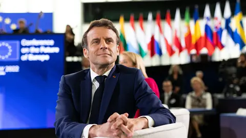 HANDOUT - 09 May 2022, France, Strasbourg: French President Emmanuel Macron attends the closing event of the Conference on the Future of Europe at the EU Parliament in Strasbourg. Photo: Mathieu Cugnot/EU Parliament/dpa - ATTENTION: editorial use only and only if the credit mentioned above is referenced in full.