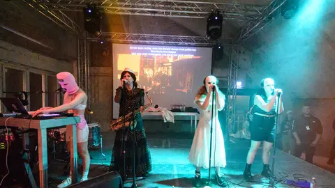 12 May 2022, Berlin: (L-R) Members of the Russian musical group Pussy Riot Diana Burkot, Anton Ponomarev, Maria Alyokhina and Olga Borisova perform during their concert at Funkhaus Berlin. Photo: Bernd von Jutrczenka/dpa.