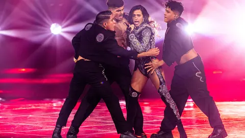 13 May 2022, Italy, Turin: Chanel from Spain performs "SloMo" the dress rehearsal for the final of the 2022 Eurovision Song Contest (ESC). The final of the 66th version of the international music contest will be held in Turin on 14 May with a total of 40 participants. Photo: Jens Büttner/dpa.