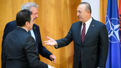 15 May 2022, Berlin: (L-R) Jose Manuel Albares, Foreign Minister of Spain, Jean Asselborn, Foreign Minister of Luxembourg, and Mevlut Cavusoglu, Foreign Minister of Turkey, attend the first session of NATO's Foreign Ministers meeting at the Federal Foreign Office in Berlin. The main topic of the informal consultations of NATO's Foreign Ministers is the war in Ukraine. Photo: Bernd von Jutrczenka/dpa Pool/dpa.
