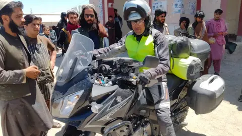 'Zazai', an Afghan citizen who is also a German citizen, travelled from Germany to Afghanistan by motorcycle and arrived in Ghazni on Saturday. Photo: Twitter/@sw989fm