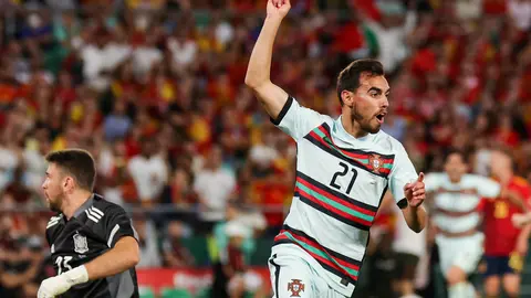 02 June 2022, Spain, Seville: Portugal's Ricardo Horta celebrates scoring his side's first goal during the UEFA Nations League group B soccer match between Spain and Portugal at Estadio Benito Villamarin. Photo: Jose Luis Contreras/DAX via ZUMA Press Wire/dpa.