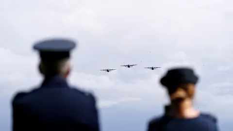 24 May 2022, United Kingdom, Cranwell: Three C-130 Hercules are seen overhead as aircraft from the Royal Navy, British Army and Royal Air Force conduct a practice flypast from RAF Cranwell, during a rehearsal for the Queen's Birthday Parade. Photo: Joe Giddens/PA Wire/dpa.