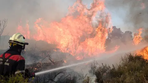15 June 2022, Spain, Tafalla: A firefighter holds a hose to put out the forest fire near the NA-132 road. Photo: Eduardo Sanz/EUROPA PRESS/dpa