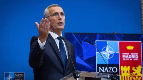 HANDOUT - 27 June 2022, Spain, Madrid: NATO Secretary General Jens Stoltenberg speaks during a press conference ahead of the 2022 NATO Summit. NATO summit will be held in Madrid from 28 to 30 June. Photo: -/NATO/dpa - ATTENTION: editorial use only and only if the credit mentioned above is referenced in full.