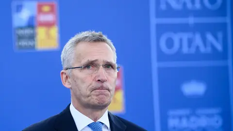 29 June 2022, Spain, Madrid: NATO Secretary-General Jeans Stoltenberg makes remarks upon his arrival at the Nato summit in Madrid. The heads of state and governments of the 30 alliance states are to make decisions on the implementation of the "Nato 2030" reform agenda at the two-day summit. Photo: Bernd von Jutrczenka/dpa.