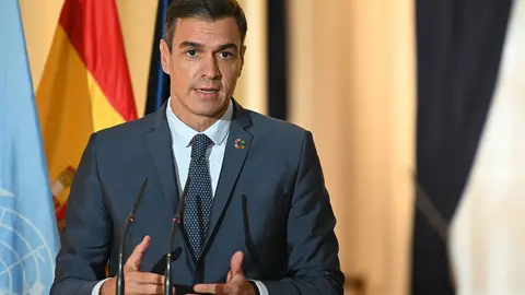 22/09/2022. Prime minister Pedro Sánchez during the press conference that he offered to the media on the fourth day of his stay in New York. Photo: La Moncloa.