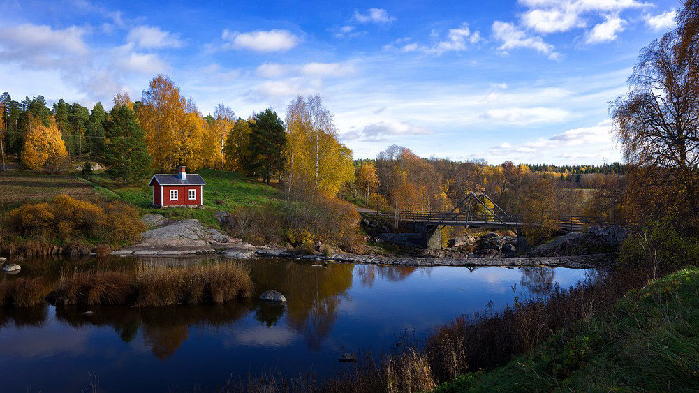 Autumn Finland cabin bridge house