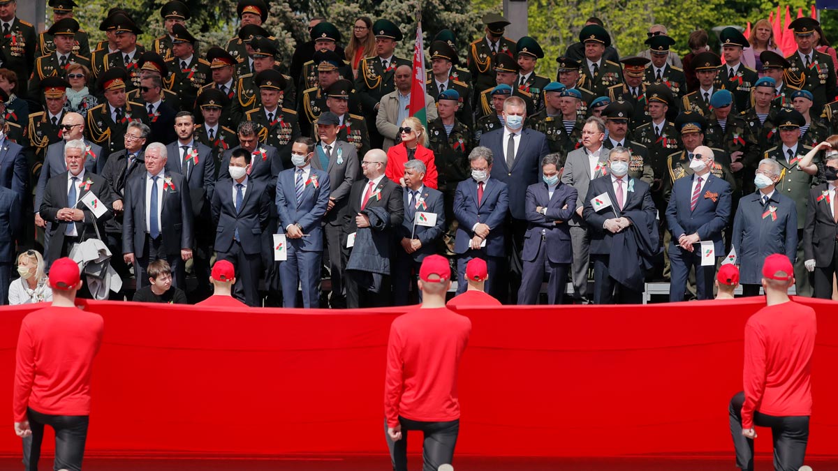 People take part in the Victory Day parade, which marks the anniversary of the victory over Nazi Germany in World War Two, amid the coronavirus disease (COVID-19) outbreak, in Minsk, Belarus May 9, 2020. REUTERS/Vasily Fedosenko