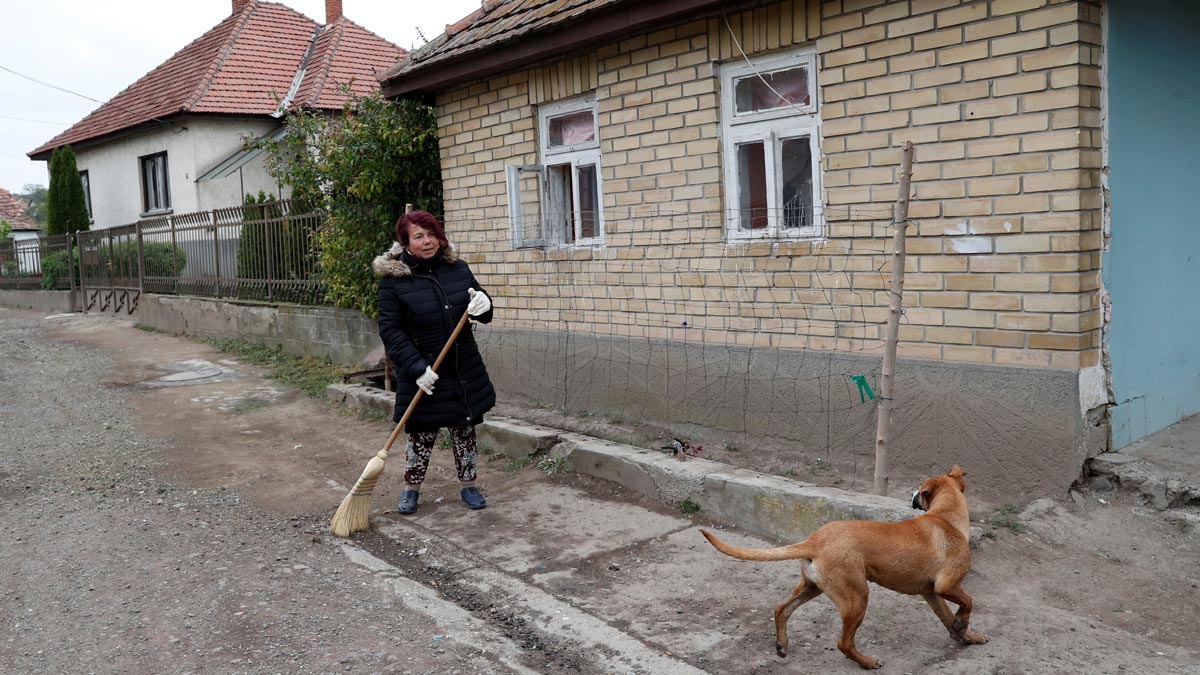 FILE PHOTO: A Roma woman sweeps the street next to a dog in Gyongyospata, Hungary, May 13, 2020. REUTERS/Bernadett Szabo/File Photo