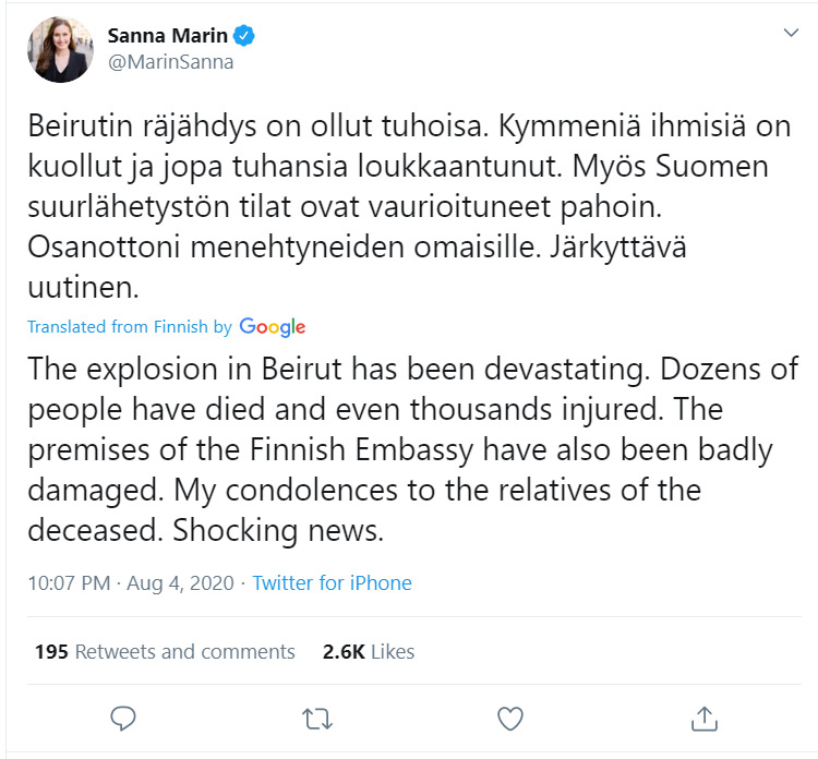 Tweet-Sanna-Marin-Beirut