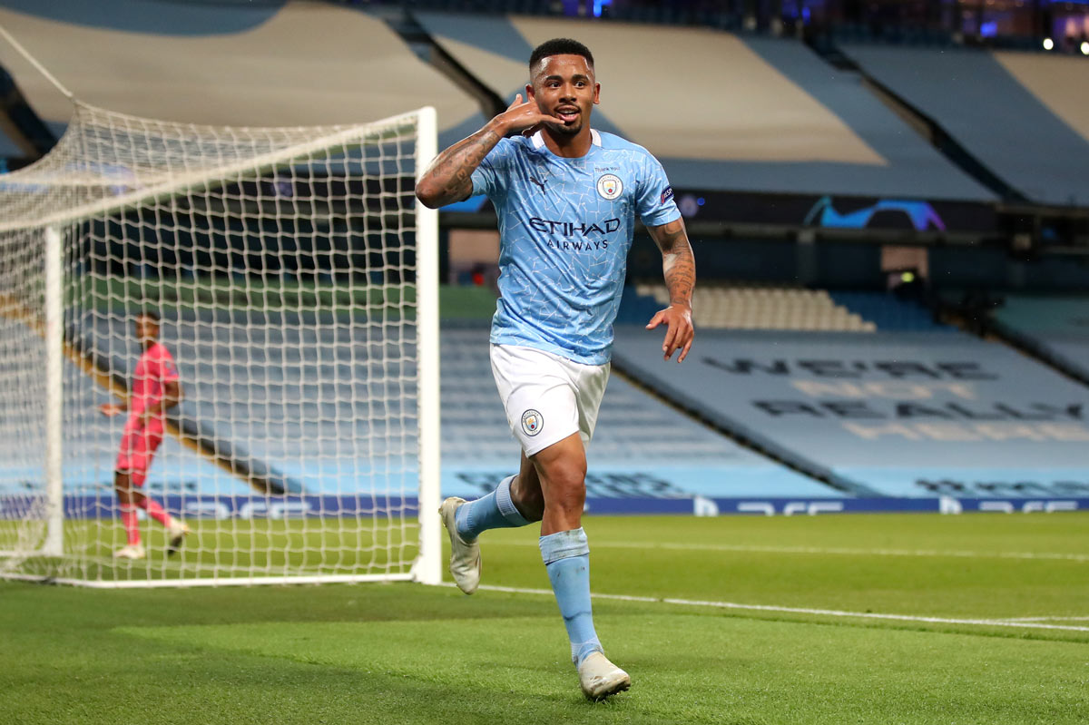 07 August 2020, England, Manchester: Manchester City's Gabriel Jesus celebrates scoring his side's second goal with teammates during the UEFA Champions League round of 16 second leg soccer match between Manchester City and Real Madrid at the Etihad Stadium. Photo: Nick Potts/dpa.
