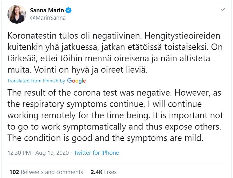 Sanna-Marin-tweet-test-negative