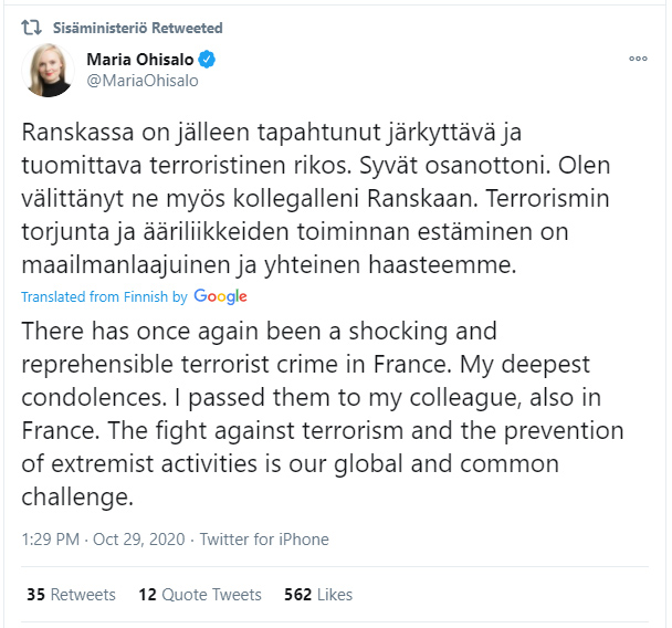 Maria-Ohisalo-tweet-France-terrorism