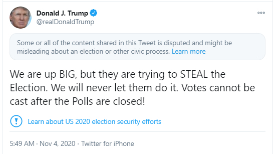 Donald Trump Tweet caption
SCREENSHOT - 04 November 2020, US, ---: A screengrab of a tweet by US President Donald Trump posted on the night of the US Election about votes being cast after the closure of the polls on which Twitter has placed a notice about potentially misleading content relating to an election. Photo: Twitter/PA Media/dpa.