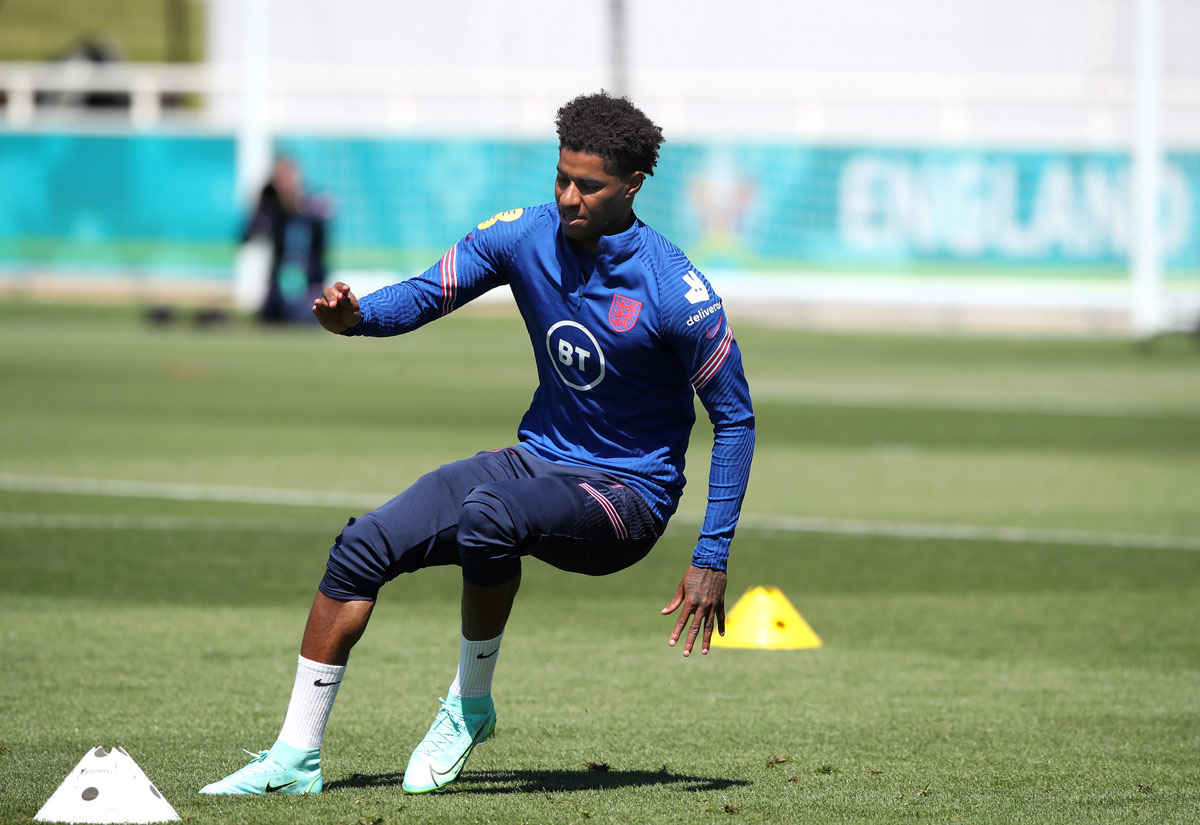 09 June 2021, United Kingdom, Burton: England's Marcus Rashford takes part in a training session at St George's Park, ahead of Sunday's UEFA EURO 2020 championship soccer match against Croatia. Photo: Nick Potts/PA Wire/dpa