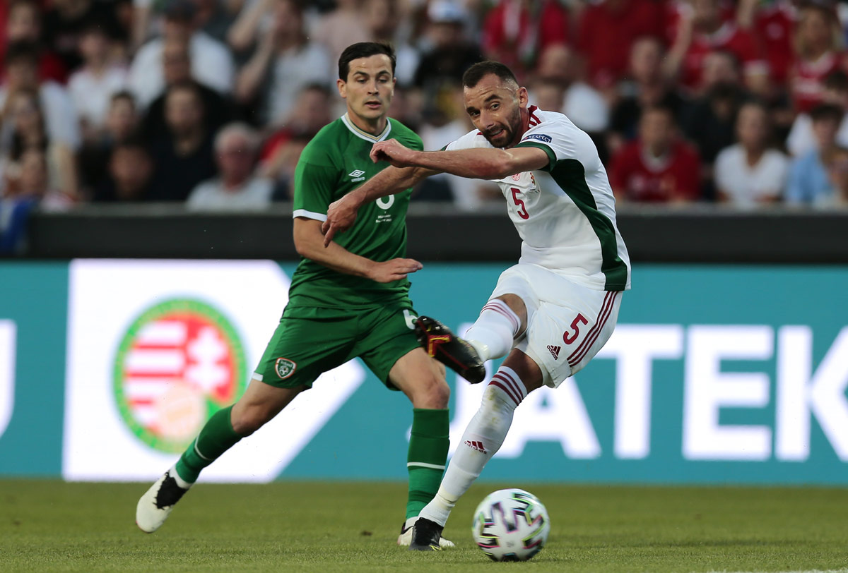 08 June 2021, Hungary, Budapest: Hungary's Attila Fiola (R) and Republic Of Ireland's Josh Cullen battle for the ball during the International Friendly soccer match between Hungary and Republic Of Ireland at Szusza Ferenc Stadium. Photo: Trenka Atilla/PA Wire/dpa