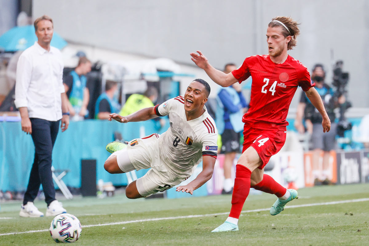 17 June 2021, Denmark, Copenhagen: Belgium's Youri Tielemans and Denmark's Mathias Jensen fight for the ball during the UEFA EURO 2020 Group B soccer match between Denmark and Belgium at Parken stadium. Photo: Bruno Fahy/BELGA/dpa