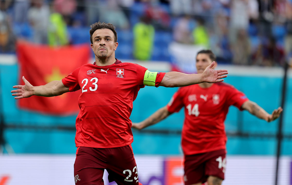 Switzerland's Shaqiri celebrates after scoring his side's goal. Photo: Twitter/EURO 2020.