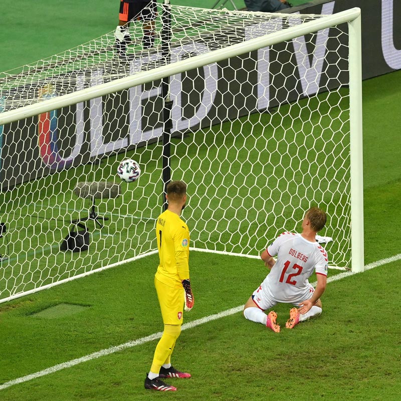 Kasper Dolberg scores for the Czech squad in the quarter finals match against Denmark. Photo: Twitter/@EURO2020.