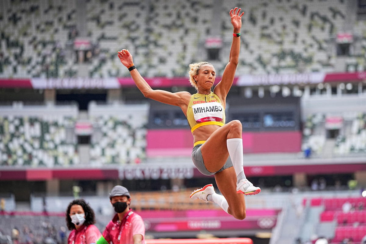 03 August 2021, Japan, Tokyo: Germany's Malaika Mihambo in action during the Women's Long Jump Final of the athletics competition at the Olympic Stadium during the Tokyo 2020 Olympic Games. Photo: Michael Kappeler/dpa