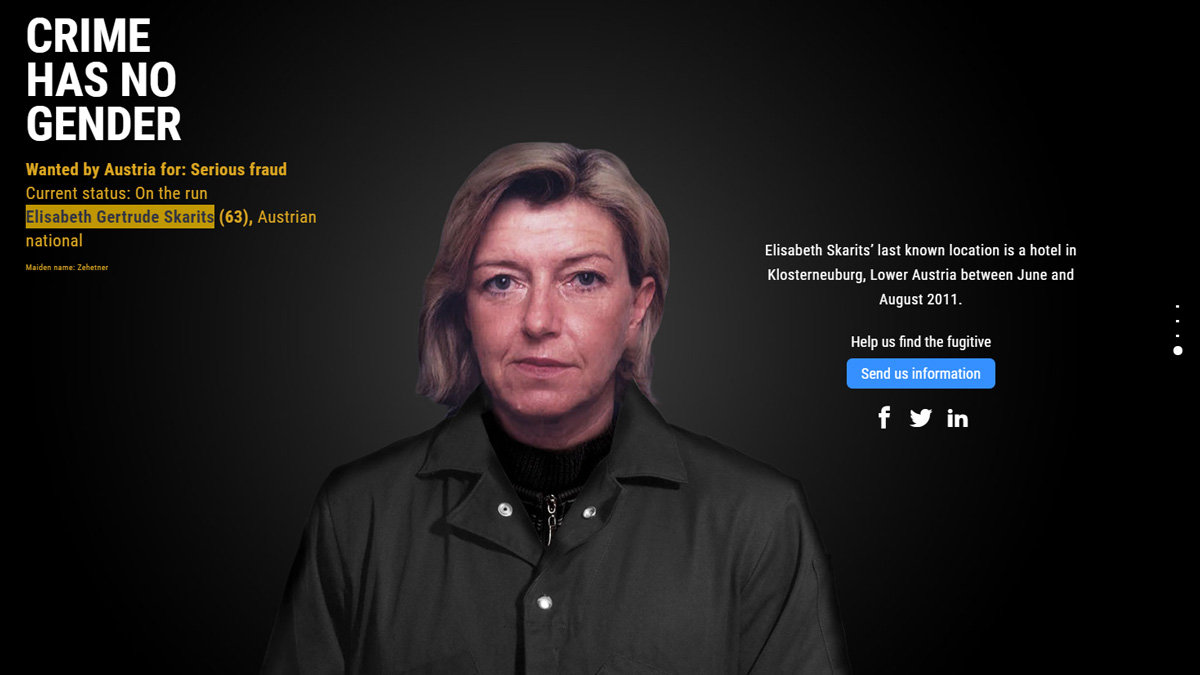 Elisabeth Gertrude Skarits (63), Austrian national. Wanted by Austria.