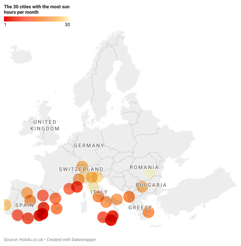 Map of the sunniest cities in Europe. Source: Holidu.