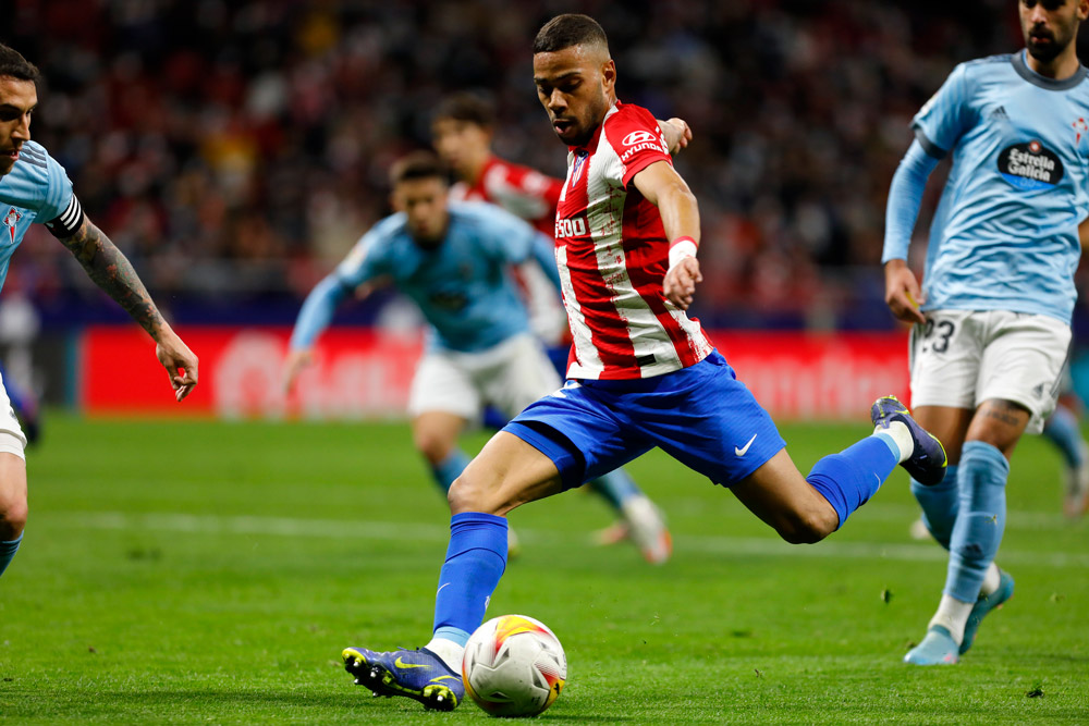 26 February 2022, Spain, Madrid: Atletico de Madrid's Renan Lodi scores his sid's second goal during the Spanish LaLiga soccer match between Atletico de Madrid and Celta de Vigo at Wanda Metropolitano Stadium. Photo: Apo Caballero/DAX via ZUMA Press Wire/dpa.