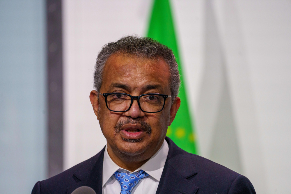 FILED - 16 February 2022, Hessen, Marburg: Tedros Adhanom Ghebreyesus, Director General of the World Health Organization, speaks to the press. The chief of the World Health Organization called on pharmaceutical companies to lower their prices for Covid-19 drugs in order to make them more widely available. Photo: Andreas Arnold/dpa.